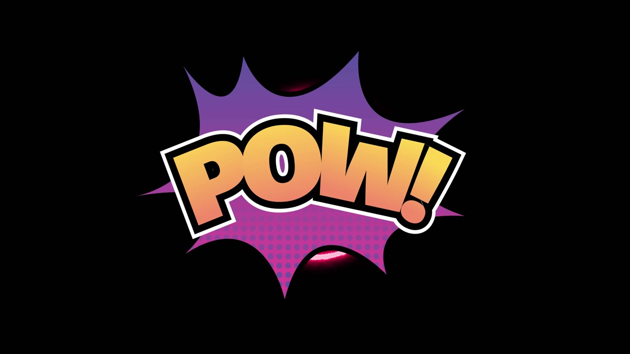 Hoạt ảnh văn bản "pow" trên các vòng tròn neon trên nền đen.