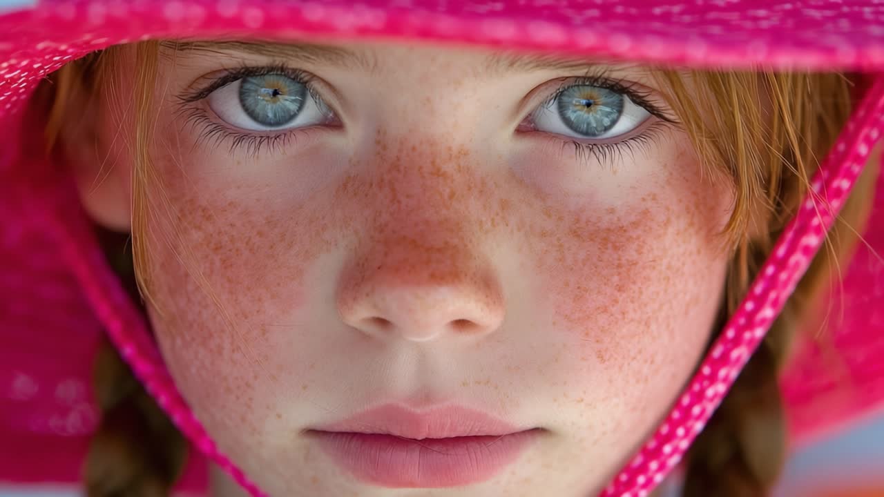 Captivating Portrait of a Young Girl Wearing a Bright Pink Hat, Showcasing Her Stunning Blue Eyes and Freckled Skin in a Thoughtful Expression