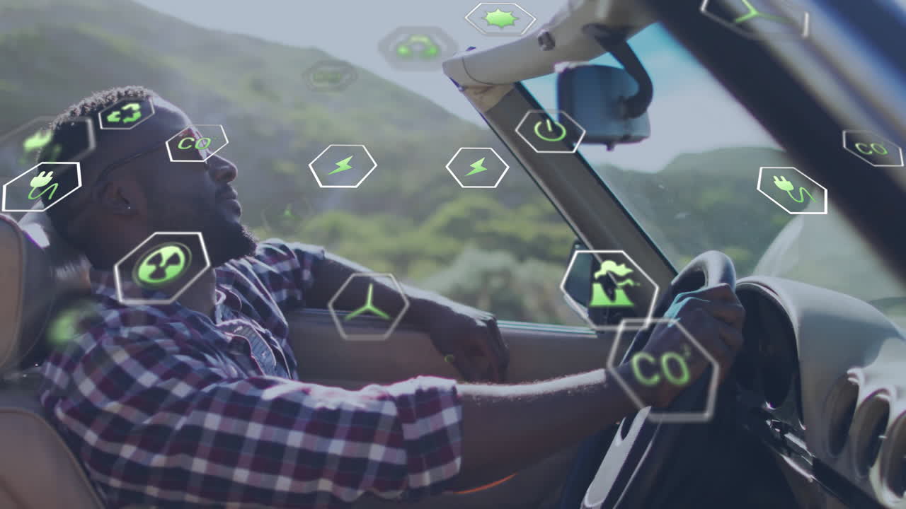 오토바이를 운전하는 남자, 친환경 기술 애니메이션으로 둘러싸인 남자