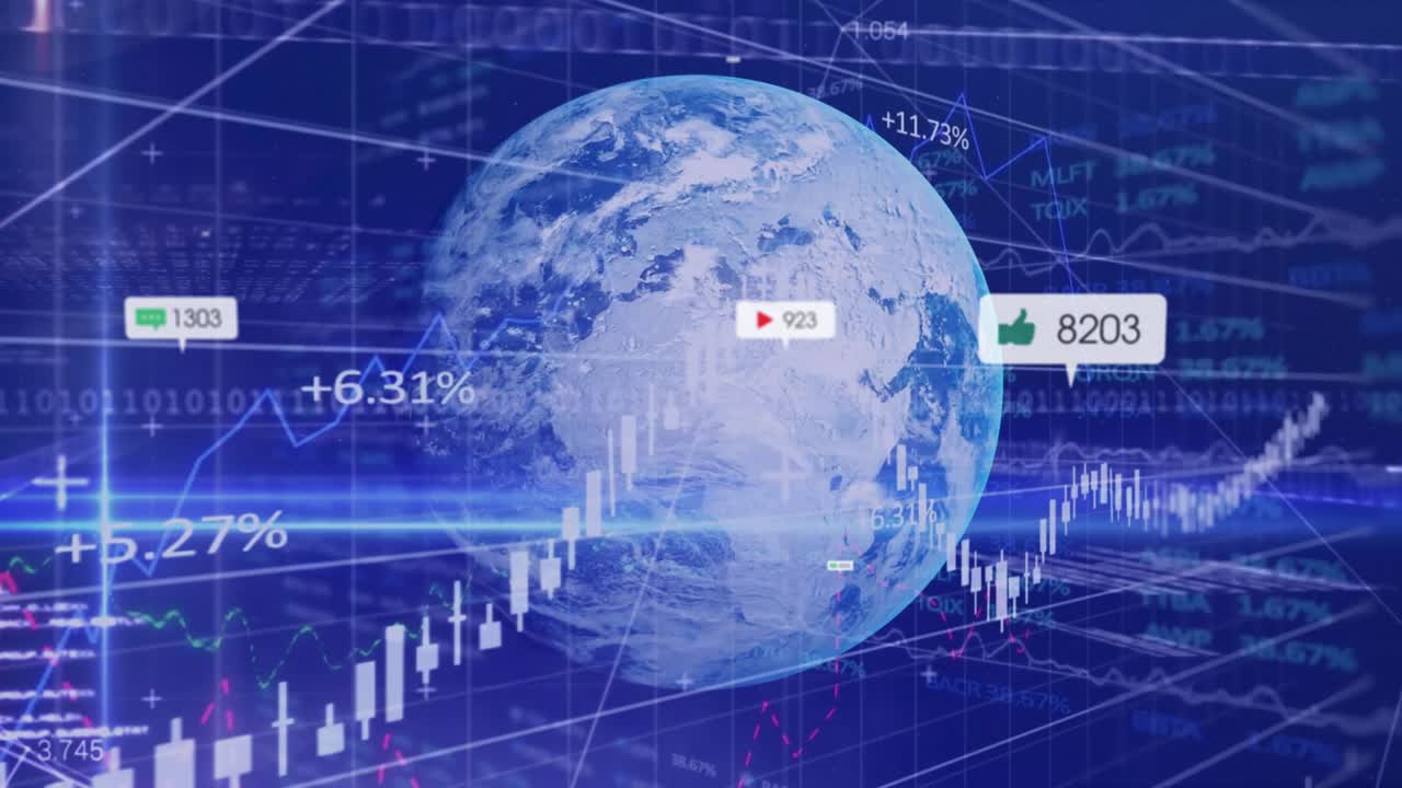 Starting rotation, rotating 3D globe displaying icons, animating charts showing engagement growth
