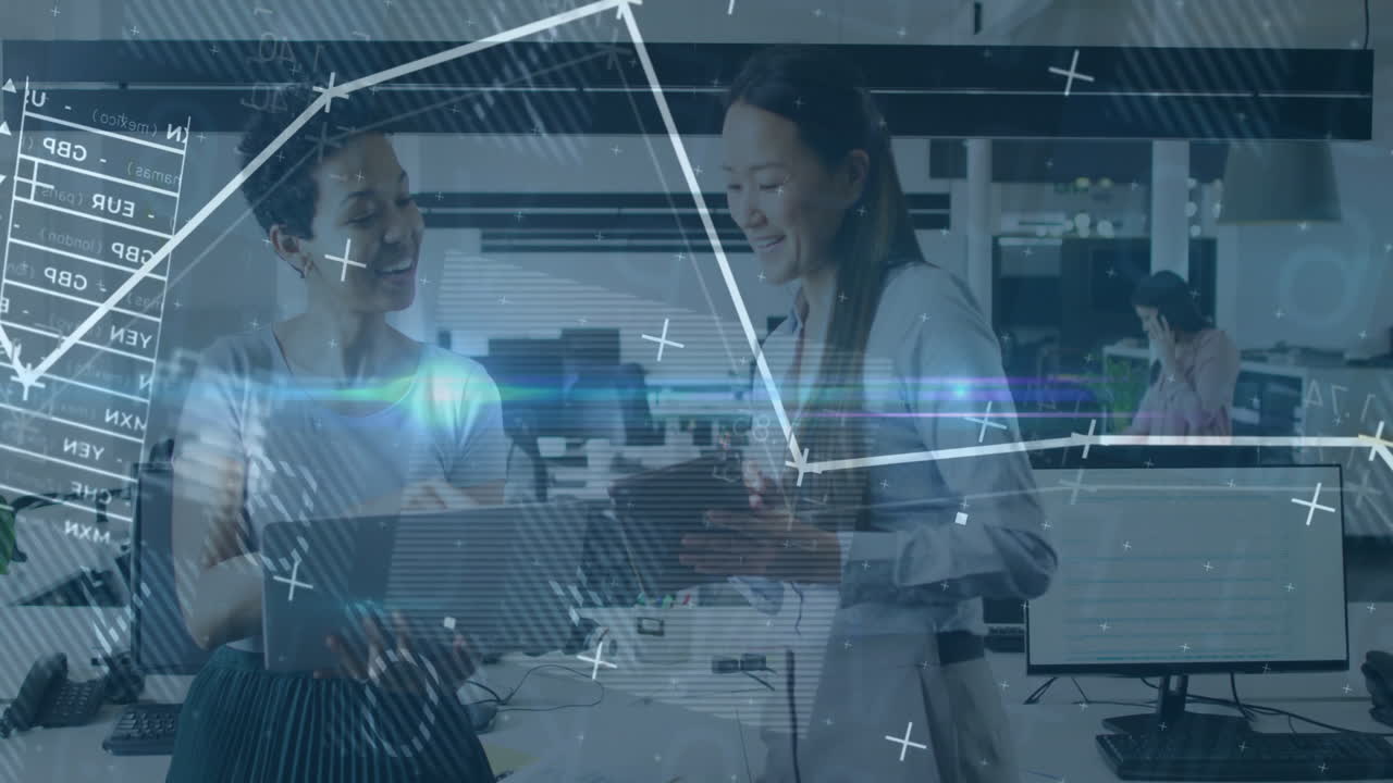 Two women discussing work in office with digital data overlay animation