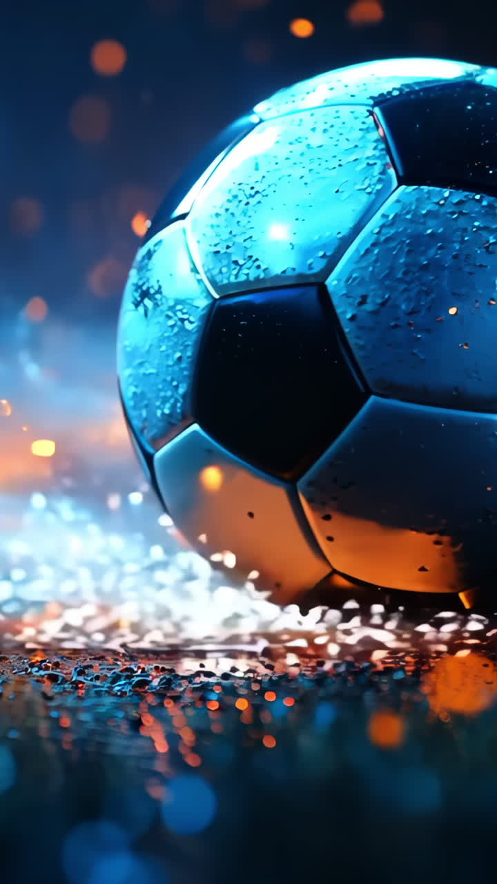 A soccer ball is on a field with a blurry background. The ball is surrounded by a lot of sparks and smoke, giving the image a sense of chaos and excitement