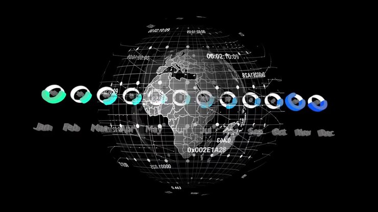 Animation of data processing with globe on black background