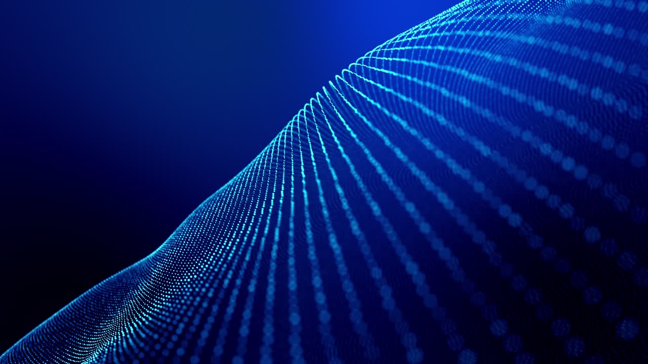 4k looped abstract background of glow particles form lines, surfaces as futuristic landscape in cyberspace or hologram. Sci-fi theme of microworld, nanotechnology or cosmic space. Blue strings 1