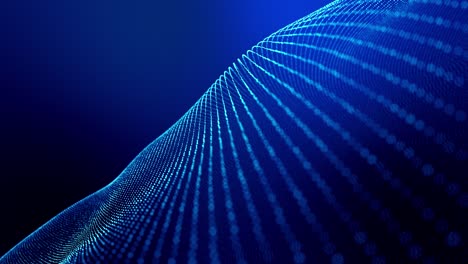 4k looped abstract background of glow particles form lines, surfaces as futuristic landscape in cyberspace or hologram. sci-fi theme of microworld, nanotechnology or cosmic space. blue strings 1