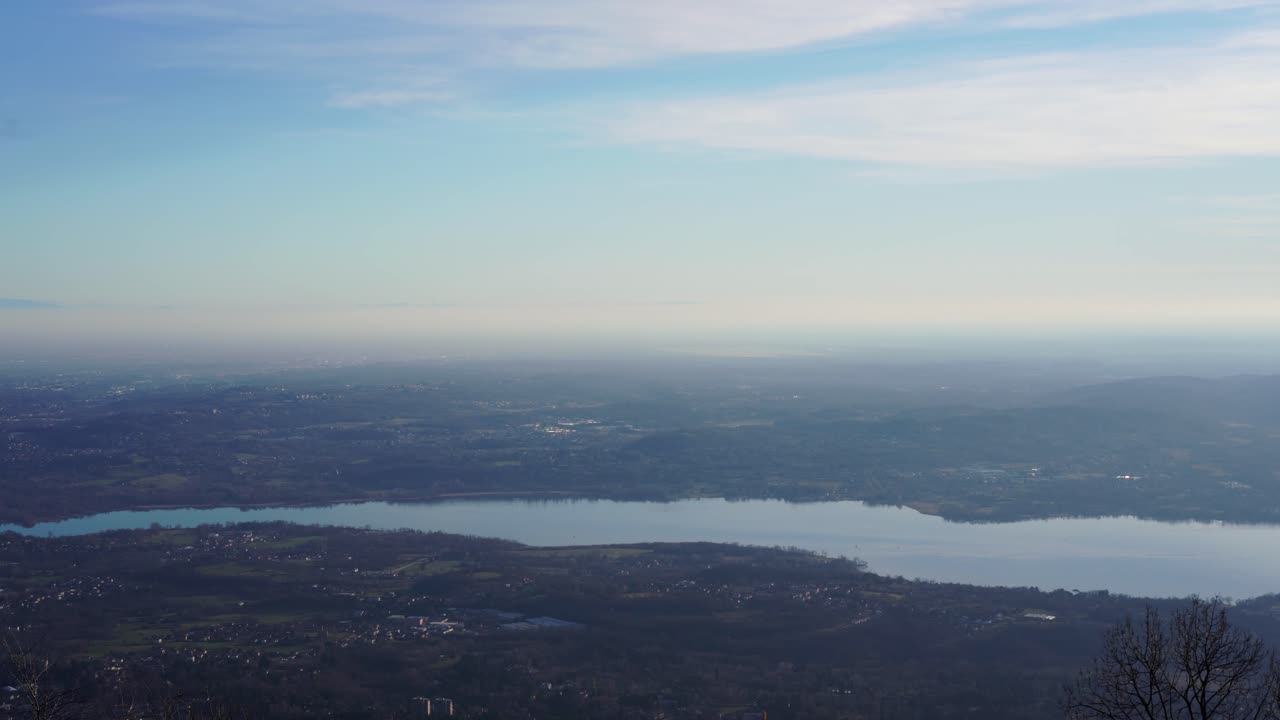 Aerial panning panorama campo dei fiori Varese on cloudy day, Lombardy