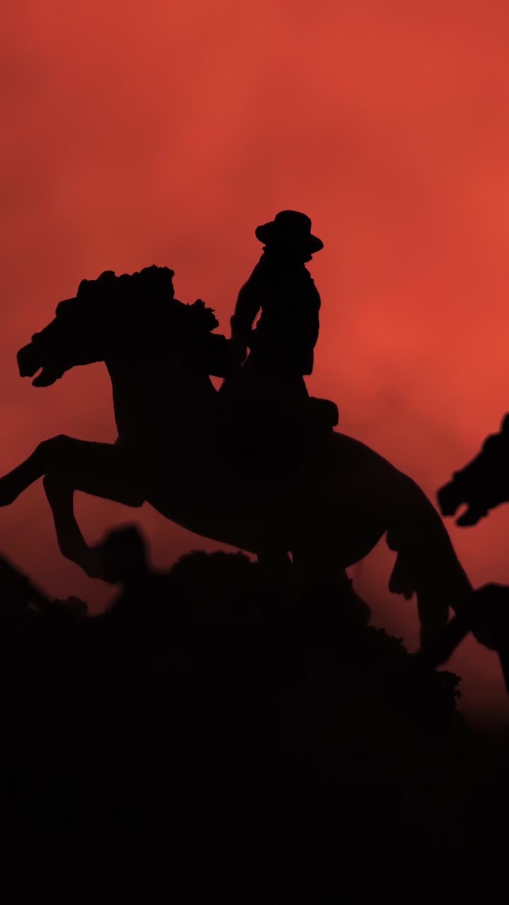 Toy cowboy soldiers on horseback in dramatic smoky battlefield with orange background, pan shot