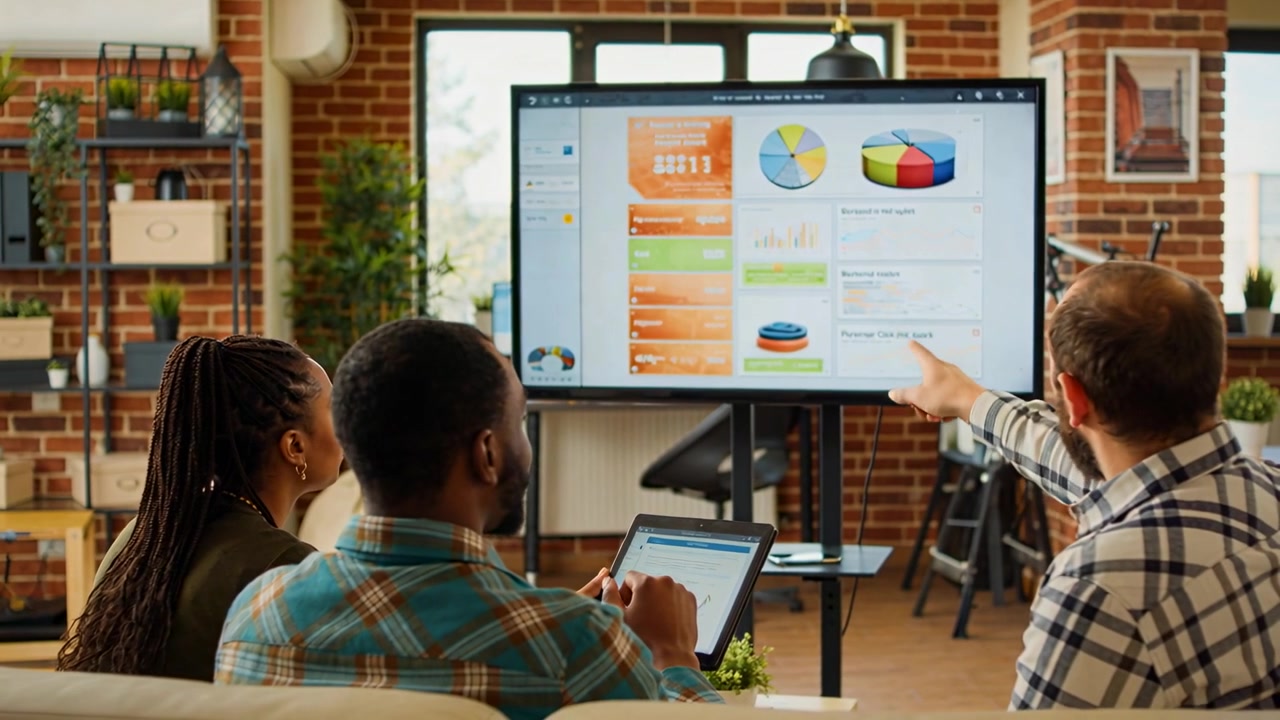 Monitor updating, presenter pointing, guiding trio in loft wearing plaid, olive blazer, with tablet