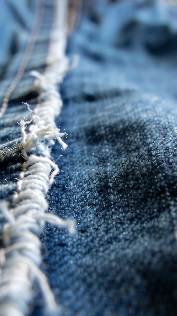 Video verticale: Panoramica ravvicinata da una cucitura bianca sfilacciata e denim blu che rivelano la trama del tessuto