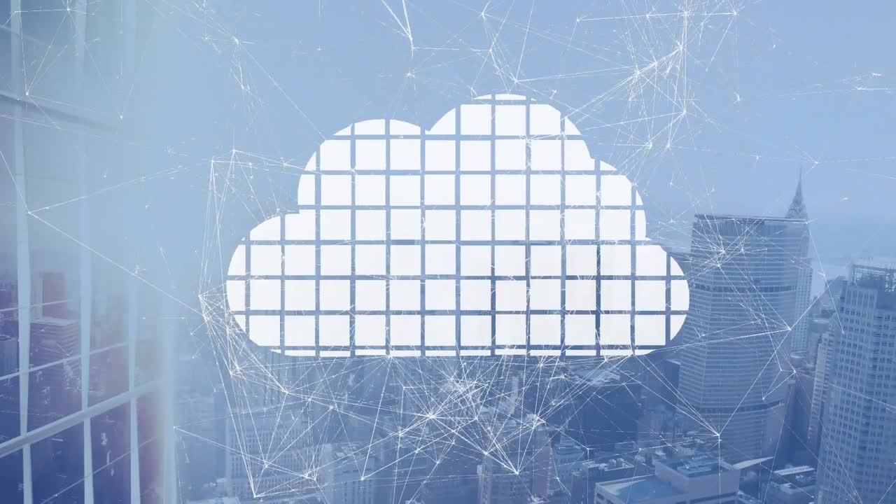 анимация квадратов, образующих облако, соединенных точками над воздушным видом города на чистом небе.