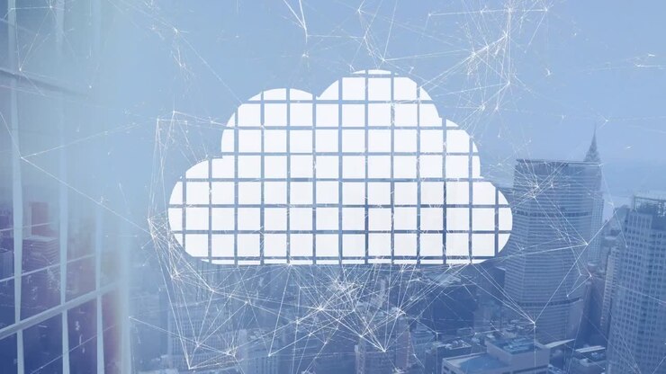 Animation of squares forming cloud, connected dots over aerial view of city against clear sky
