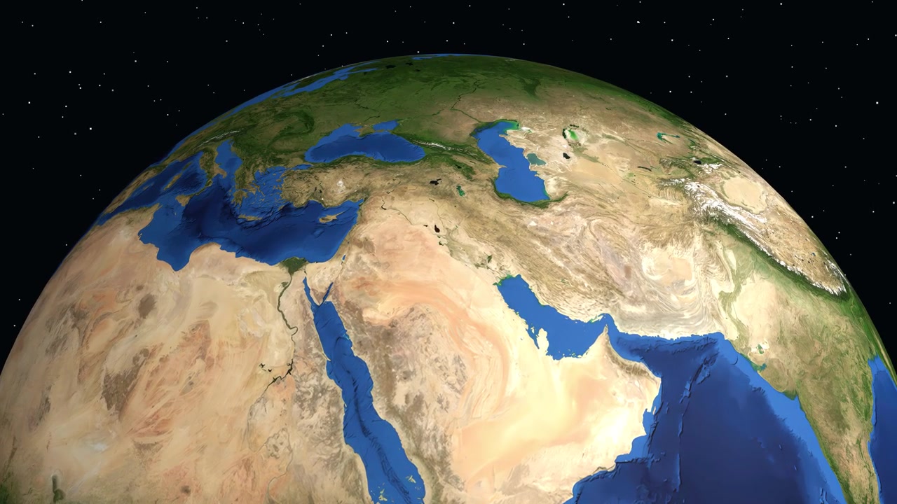 Dönen bir 3D Dünya, Orta Doğu'ya yakınlaşarak Irak'ın Necef şehrini meta verilerle vurguluyor.