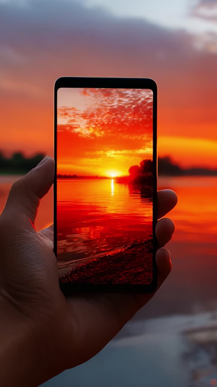 Capturing the Beauty of a Sunset: A Hand Holding a Smartphone Displaying a Vivid Sunset Reflection Over Water, Illustrating the Connection Between Nature and Technology in a Serene Environment