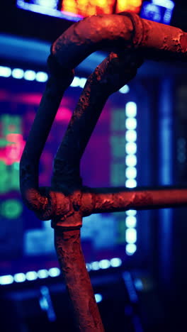 rusty metal pipes with neon lights in the background