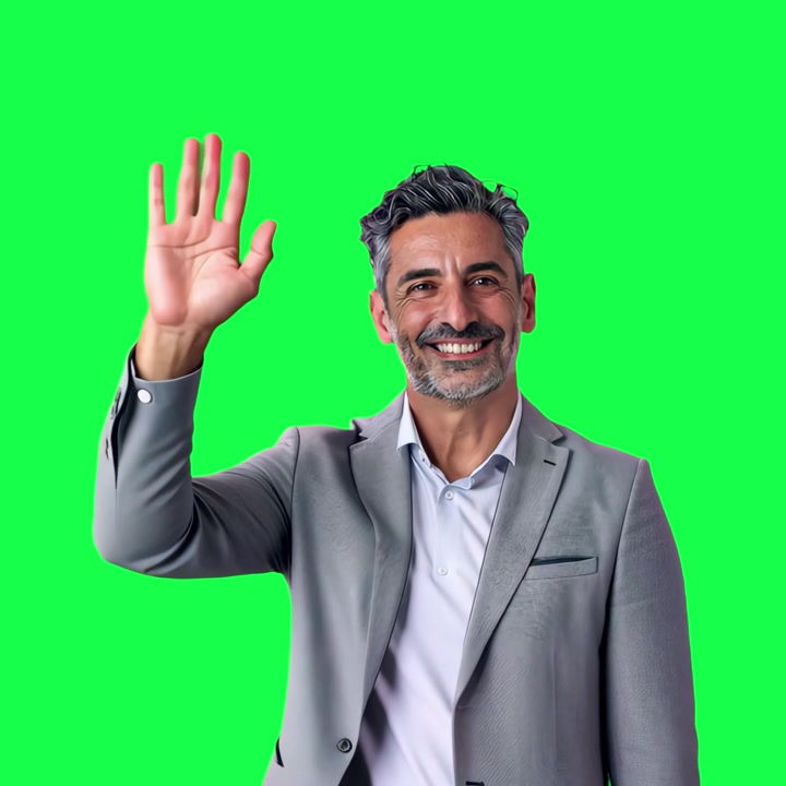 Uomo d'affari felice che saluta e sorride su sfondo verde