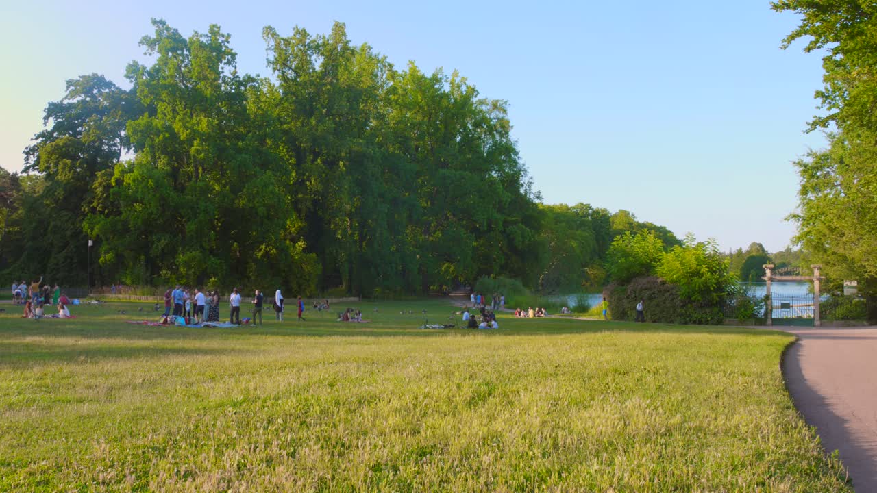 Pan shot of young people relaxing in Park of the Golden Head in Lyon, France.