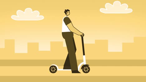 yellow style man flat character riding a kick scooter. isolated loop animation with alpha channel