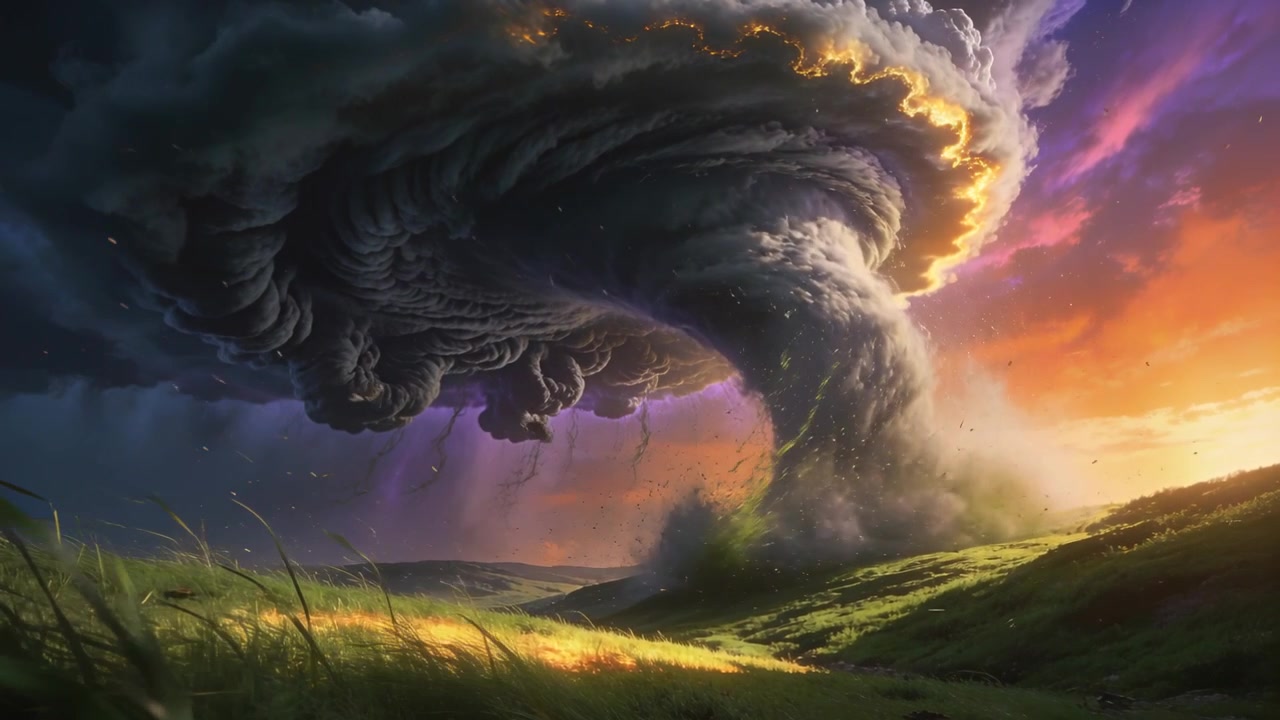 Rotazione di tempesta che si intensifica formando un imbuto discendente verso terra su un pendio erboso, sollevando polvere.