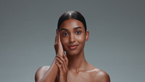 Woman,-face-and-skincare-with-hands