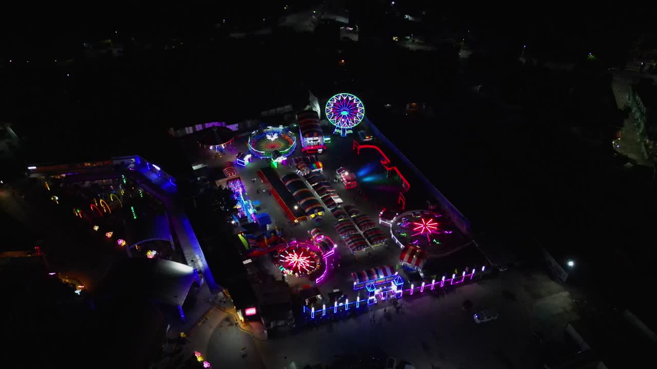 Aerial Nighttime View Of Pop-up Carnival In Virac, Catanduanes, Philippines. Amusement Park.
