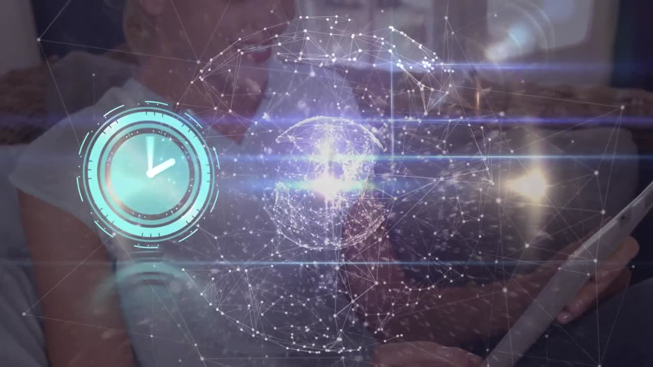 animación de reloj y red de conexiones contra mujer caucásica usando tableta digital