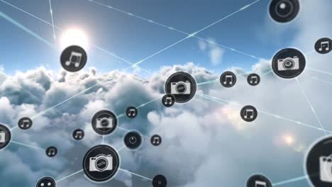 Animation-of-network-of-connections-with-icons-over-clouds-in-sky