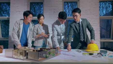 discussion corporate architecture teamwork reviewing blueprints project, floor plan engineering construction office. business diversity professional worker group collaboration meeting for drawing idea