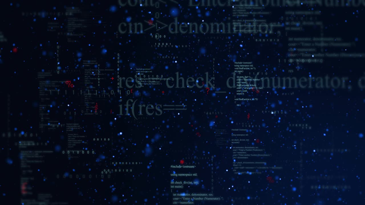 Camera shifting, central column lighting and scrolling, dots drifting, red flags highlighting code