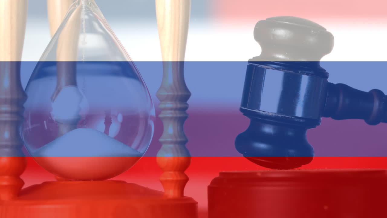 Digitally animation of Russian Flag, hour glass and gavel 4k