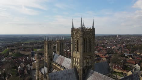 Aerial-view-of-Lincoln-Cathedral,-Lincoln-Minster,-or-the-Cathedral-Church-of-the-Blessed-Virgin-Mary-of-Lincoln-and-sometimes-St-Mary's-Cathedral,-in-Lincoln,-England