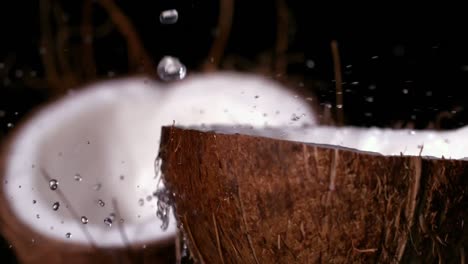 agua lloviendo sobre el coco sobre un fondo negro