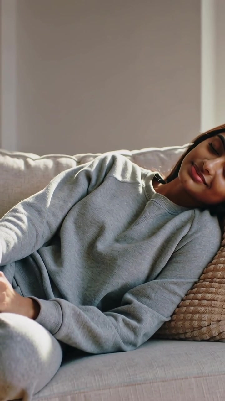 Vertical video: Leaning woman settling into recline on sofa with beige pillow, wearing grey sweater