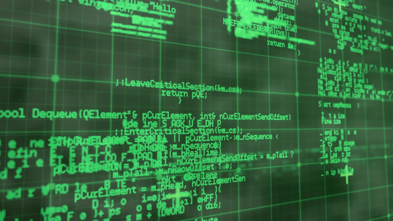 Animation of grid pattern over green computer programming language against black background