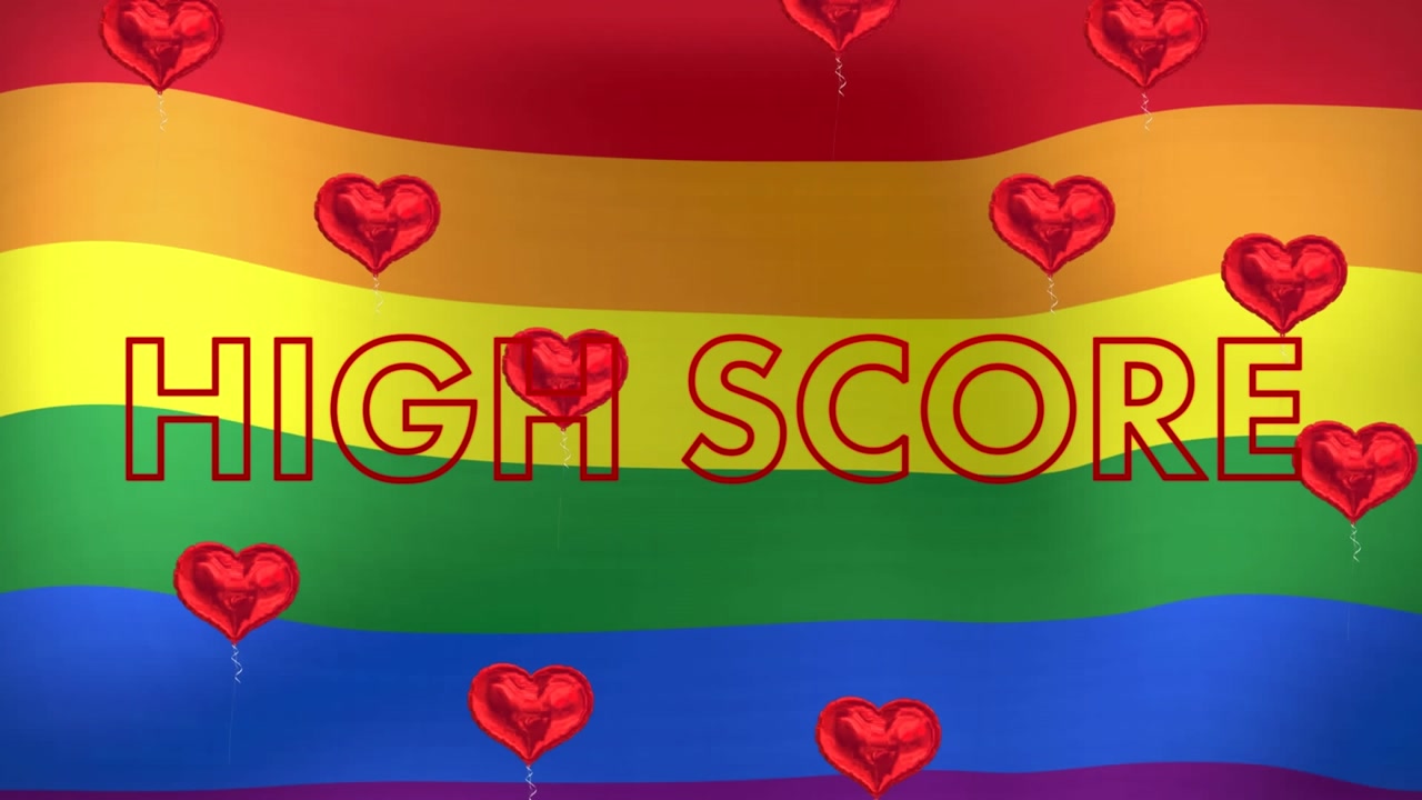 Animation of high score text with red shapes and hearts over lgbt flag