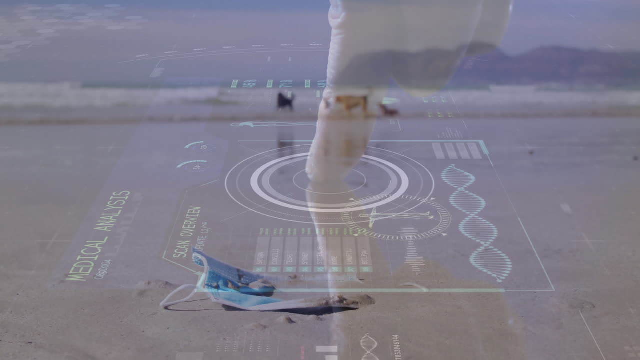 mid-adult man stepping on wet sand near shoreline, displaying medical HUD scans over face mask