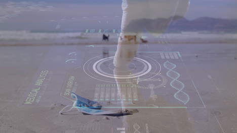 mid-adult man stepping on wet sand near shoreline, displaying medical hud scans over face mask