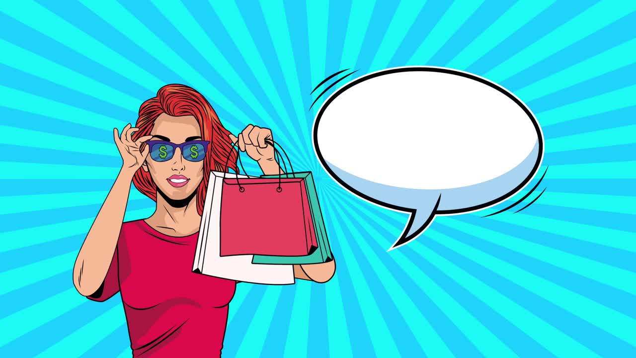 쇼핑 가방을 가진 아름다운 여성 팝 아트 스타일