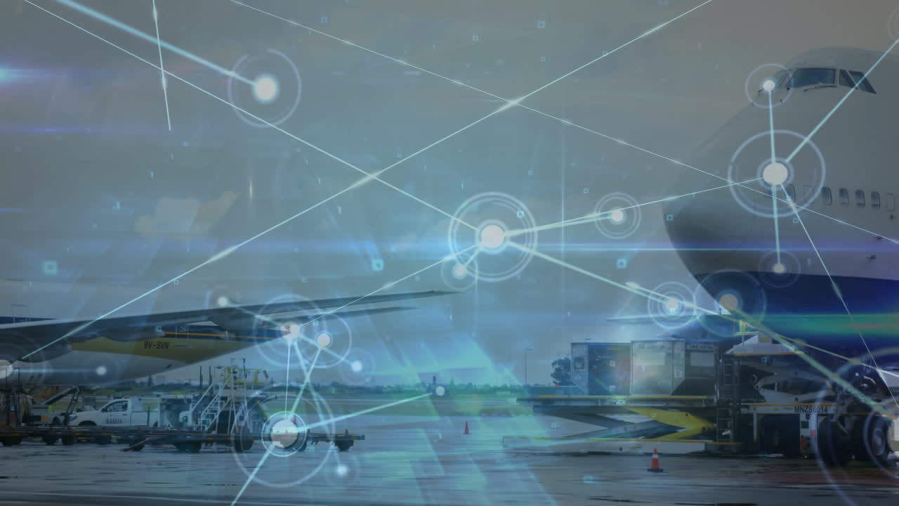 animación de la red de conexiones con iconos sobre el aeropuerto