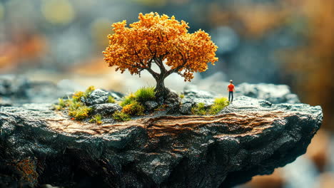 vibrant autumn tree stands alone on a rocky cliff in a surreal landscape