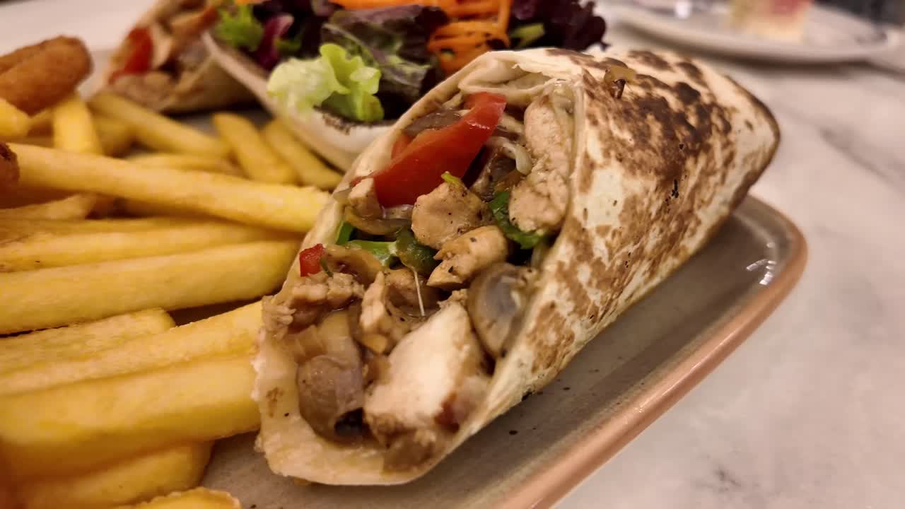 Wrap with Fries and Onion Rings