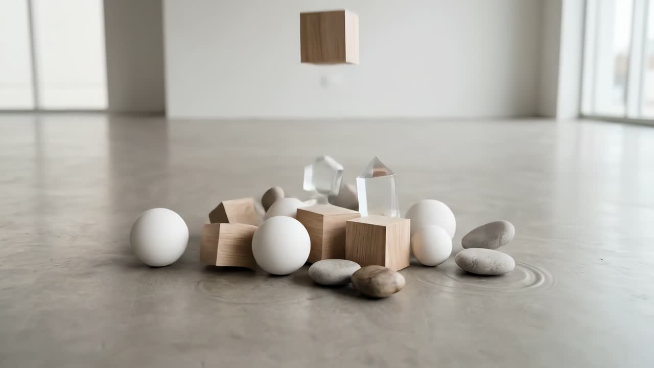 Forme geometriche che cadono e si posano su un pavimento in cemento