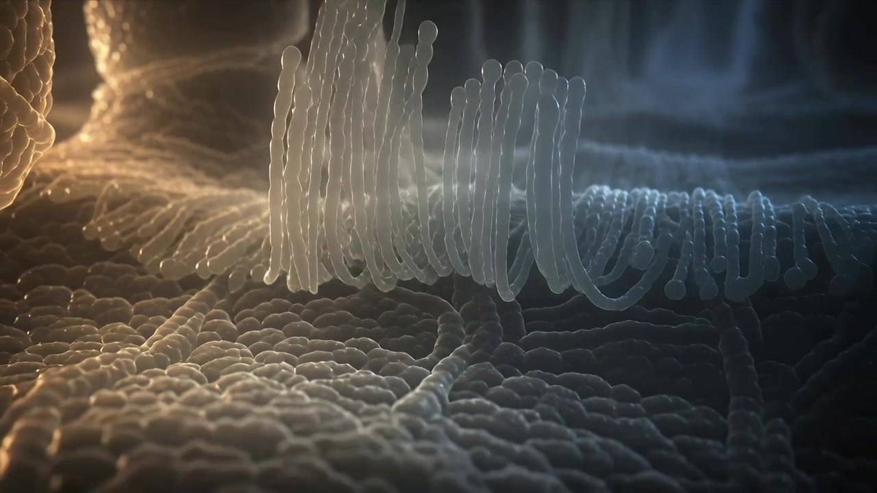 Elongating filaments feeding from columns, beaded ribbons bridging bumpy substrate, making ridges