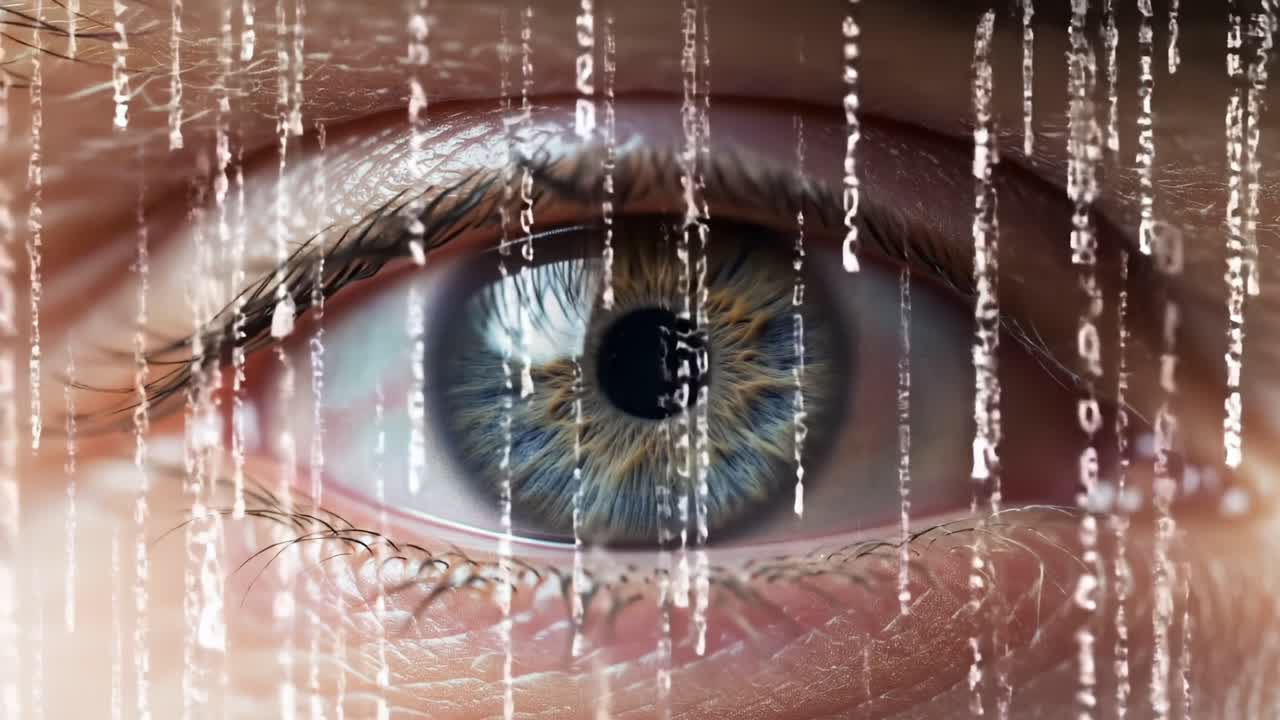 Exploring the Intricacies of Perception: A Close-Up of an Eye Surrounded by Cascading Digital Data Representations Reflecting Technological Integration
