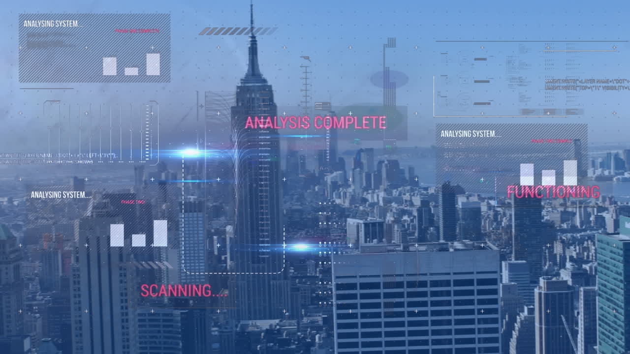 문자, 그래프 및 컴퓨터 언어의 애니메이션 하늘에 대한 현대 도시의 공중 뷰를 통해