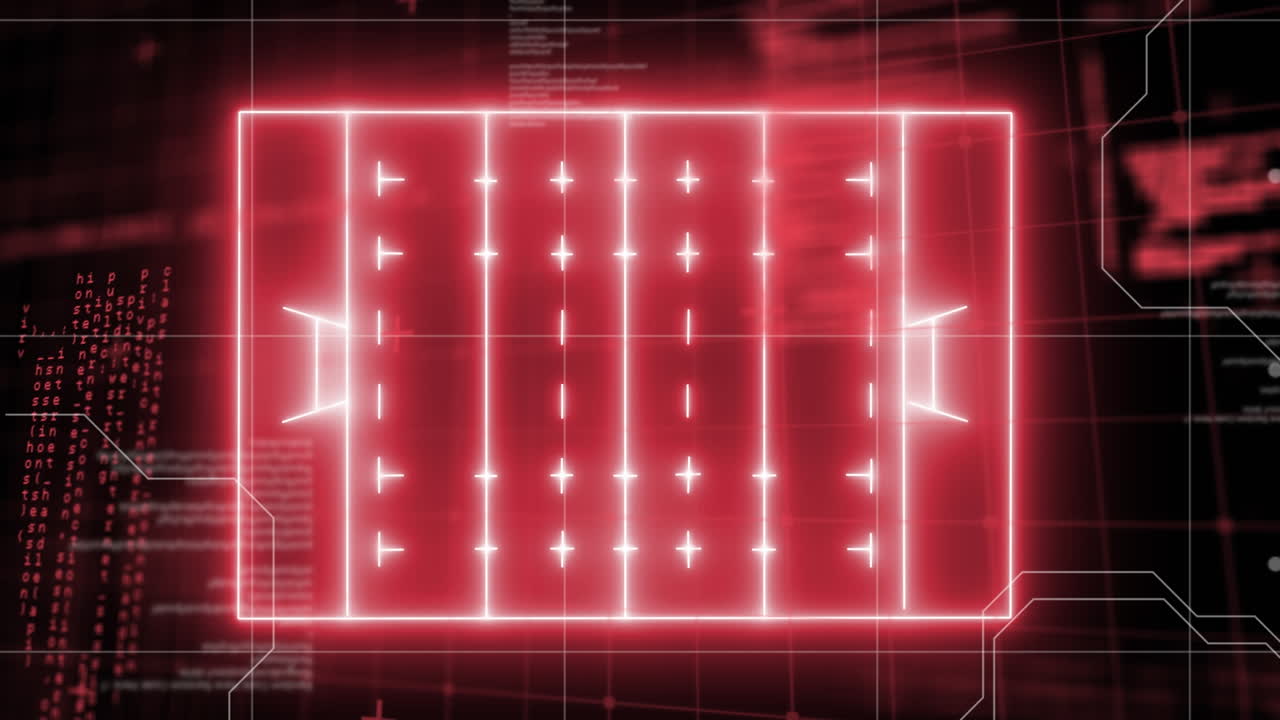 Animation of red neon rugby field and data processing
