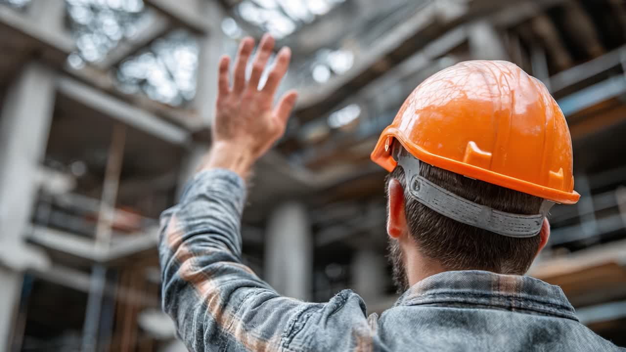 Construction Worker in Safety Gear Gesturing in a Distracted Environment with Exposed Infrastructure and Natural Lighting from an Open Roof Above