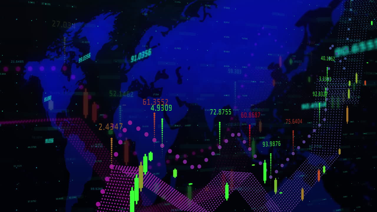 Animazione di elaborazione dati finanziari su una mappa del mondo.