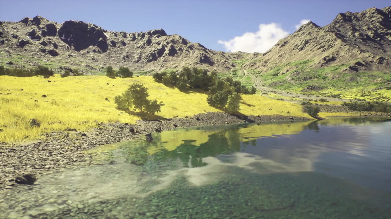 Luminous mountain track adjacent to transparent lakes and floral scenery around