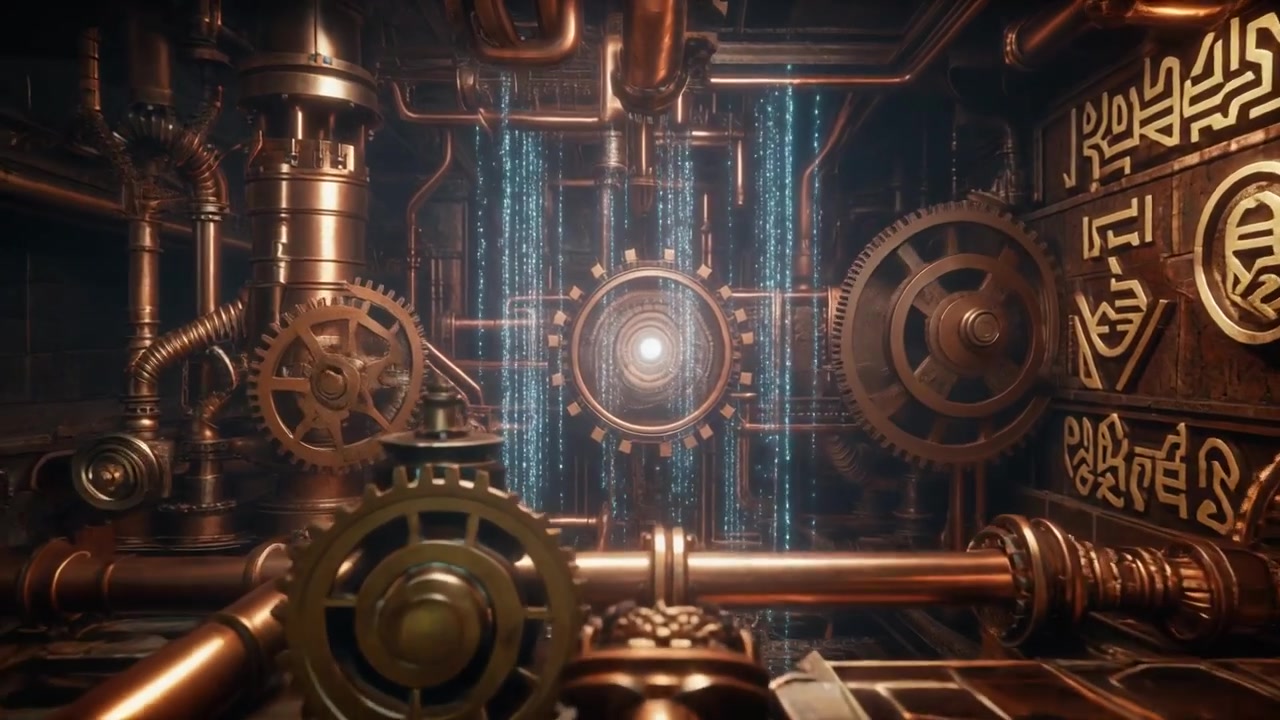 Steampunk maskine med roterende tandhjul og glødende digitale datastrømme.