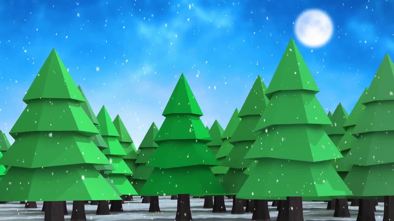 Digital animation of snow falling over rows of trees against blue sky in background